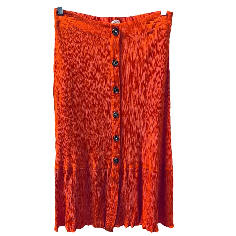Women's L Pull On Button Front Midi Skirt Crinkle Rayon Orange‎ Tangerine Boho